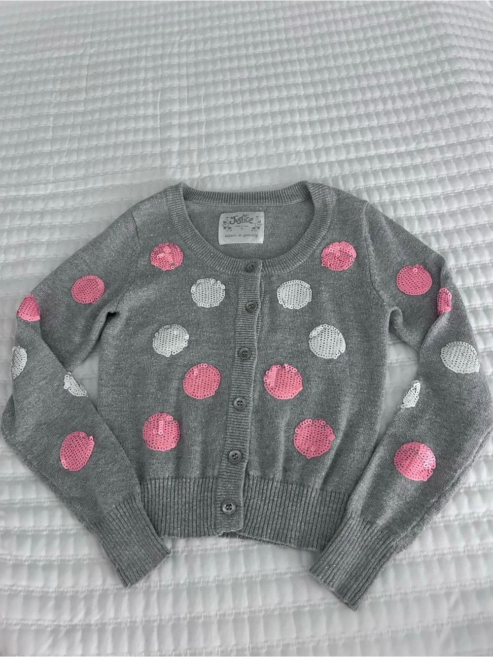 Justice Gray Cardigan with Pink & White Sequin Polka Dots. Size 7